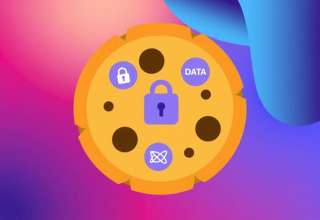 Ilustración de una galleta (cookie) digital con símbolos de privacidad y datos