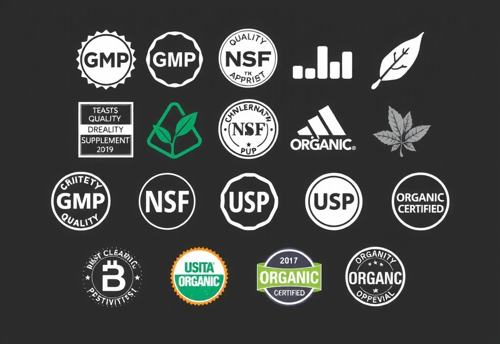 Iconos de varias certificaciones de calidad y sellos de aprobación para suplementos.