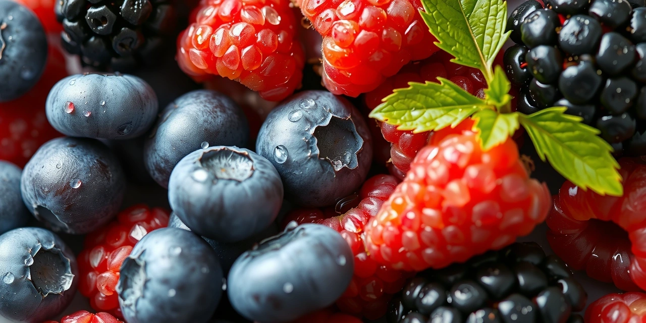 Primer plano de bayas de colores vibrantes, como arándanos, frambuesas y moras, con gotas de agua, resaltando su frescura y riqueza en antioxidantes.