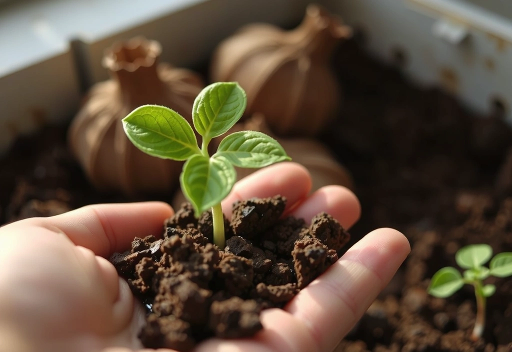 Una mano sosteniendo una semilla verde germinando en la tierra, con el sol brillando suavemente en el fondo, simbolizando el crecimiento natural, la vida y la nutrición.