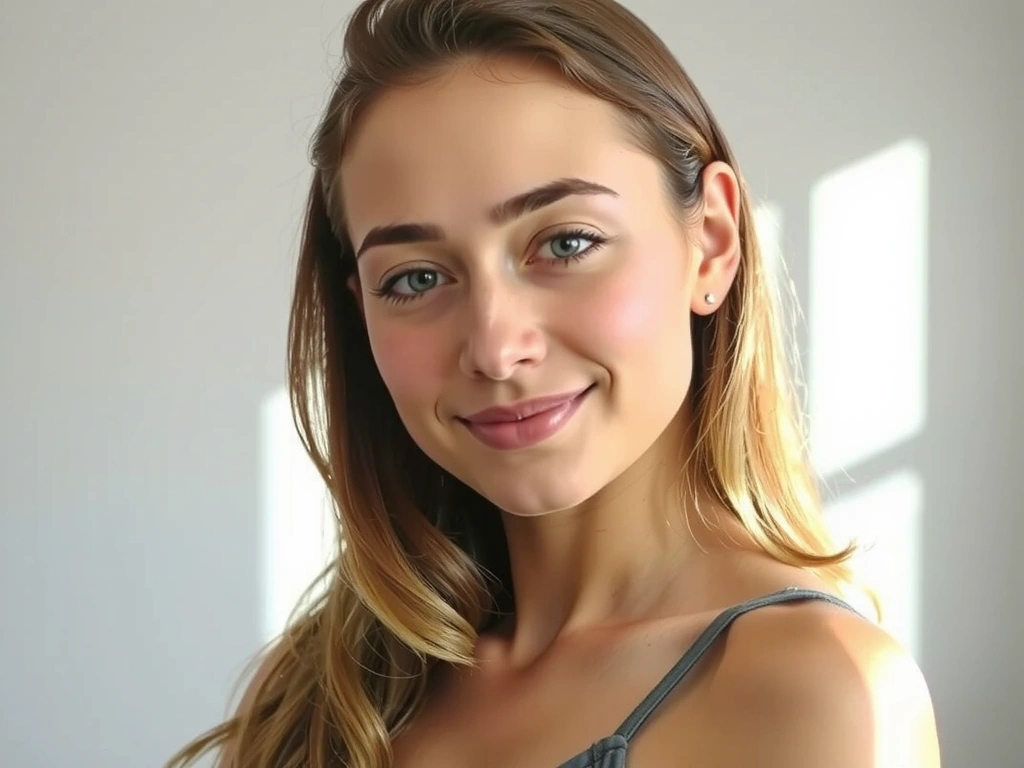 Mujer joven con piel brillante y saludable, sonriendo suavemente.