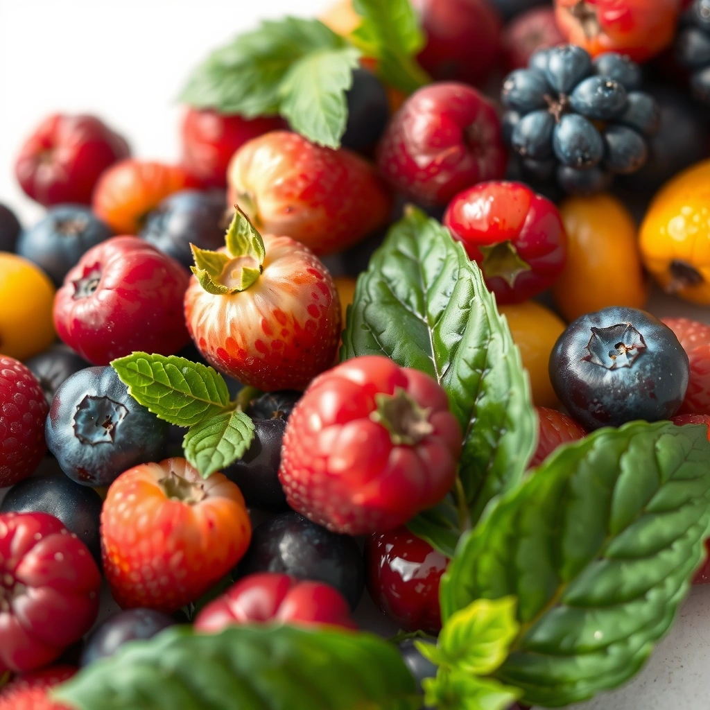 Bayas de colores vivos y hojas verdes, representando antioxidantes naturales.