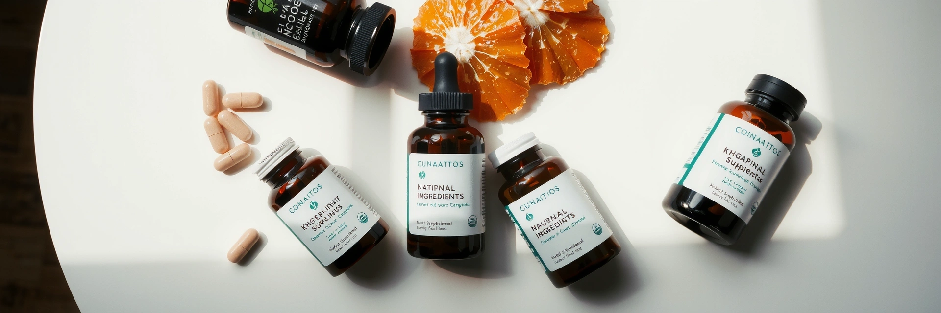 Botellas y cápsulas de suplementos naturales sobre una superficie limpia y luminosa.