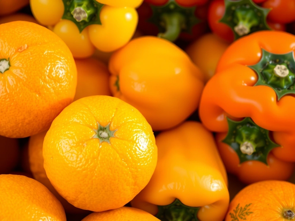 Naranjas frescas y pimientos, ricos en Vitamina C